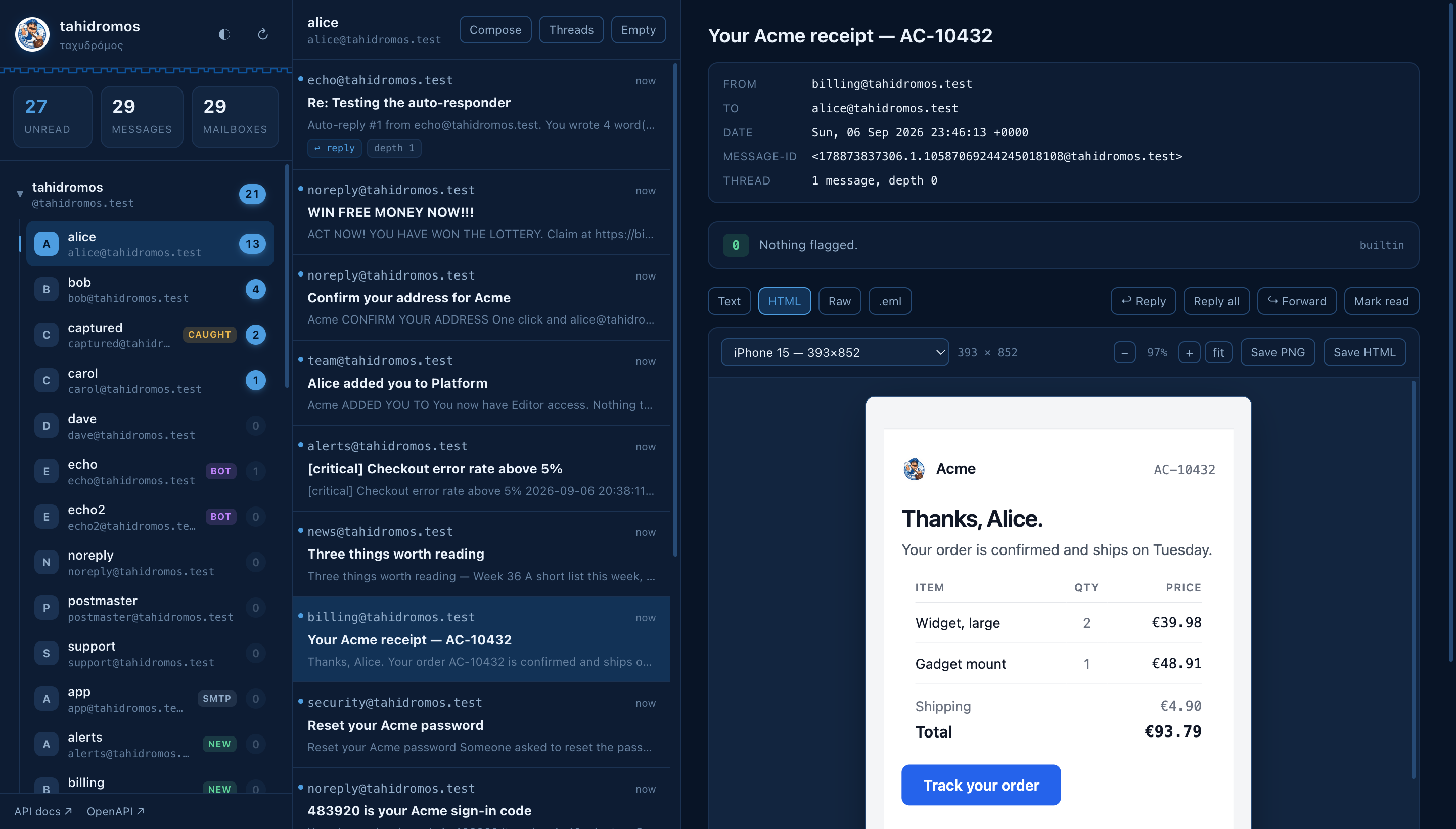 tahidromos — A development mail server that can hold a conversation.